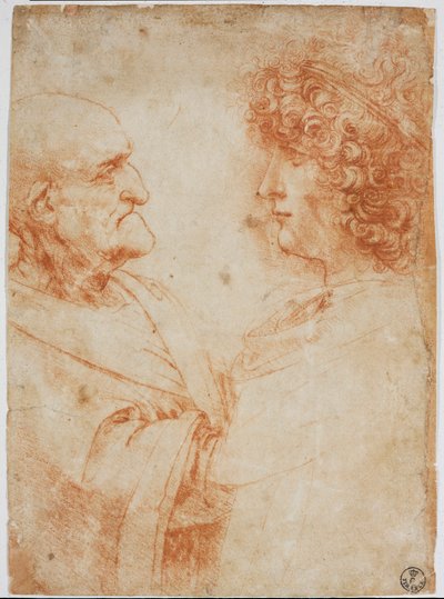 Dos perfiles masculinos, un anciano y un joven - El joven representa a Gian Giacomo Caprotti dit Andrea Salai o Salaij (circa 1480-1524), alumno y amante de Leonardo - Dibujo a la sanguina de Leonardo da Vinci (1452-1519) - Florencia de Leonardo da Vinci