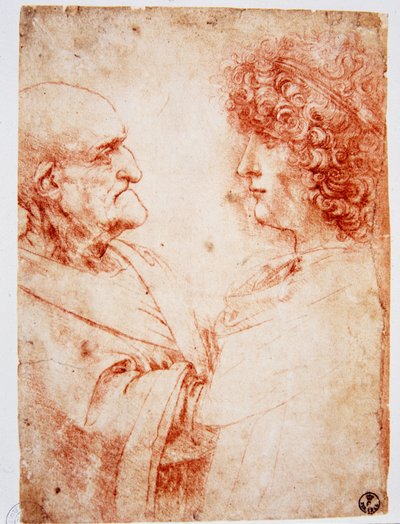 Dos perfiles de hombre, un anciano y un joven. El joven representa a Gian Giacomo Caprotti, conocido como Andrea Salai o Salaij (circa 1480-1524), alumno y amante de Leonardo. Dibujo a la sanguina por Leonardo da Vinci (Leonardo de Vinci) (1452-1519) Flore de Leonardo da Vinci