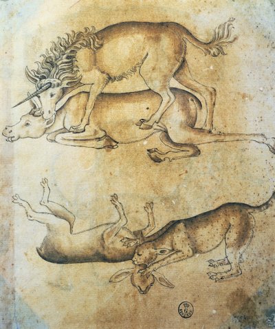 Unicornio atacando a una vaca y leopardo atacando a una oveja, estudio de animales, de Leonardo da Vinci (1452-1519), dibujo de Leonardo da Vinci