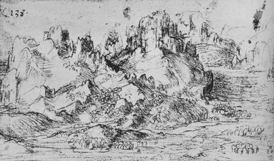 Vista sobre un valle con montañas al fondo de Leonardo da Vinci