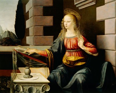 Virgen María, detalle de la Anunciación, c.1475 (óleo y temple sobre madera) de Leonardo da Vinci