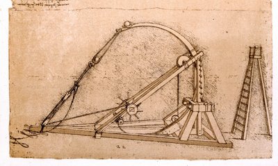 Máquina de guerra: Estudio de catapulta por Leonardo da Vinci (1452-1519). de Leonardo da Vinci