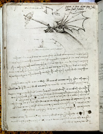 Entrenamiento de ala. Dibujo de máquina voladora de Leonardo da Vinci