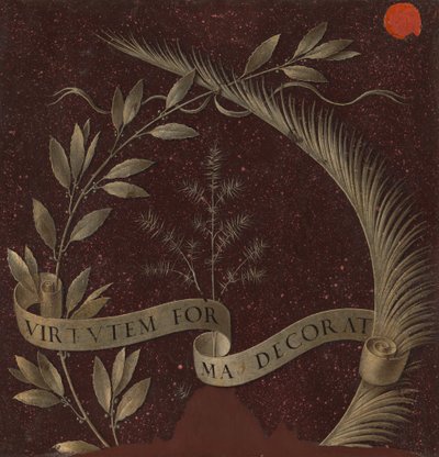 Corona de Laurel, Palma y Enebro con un Pergamino inscrito Virtutem Forma Decorat [reverso], c. 147 de Leonardo da Vinci