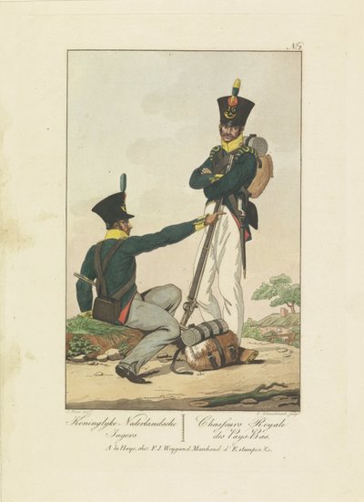 Dos cazadores, 1814-1818 Koninglyke Nederlandsche Jagers / Chasseurs Royale des Pays-Bas (título sobre el objeto) Siete representaciones uniformes 1814-1818 (título de la serie) de Leonardus Schweickhardt