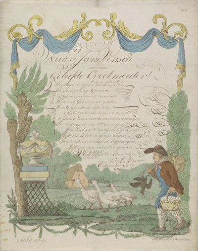 Carta de deseos con un granjero y sus gansos. de Leonardus Schweickhardt