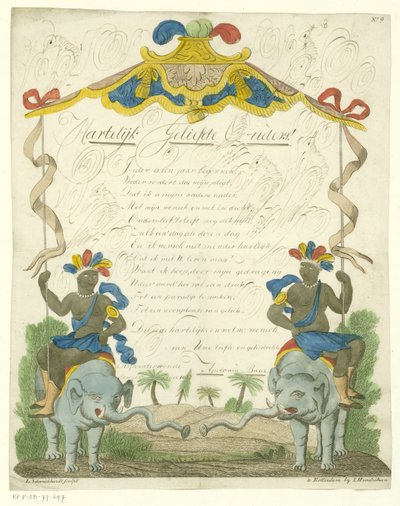 Carta de deseos con hombres negros sobre elefantes de Leonardus Schweickhardt
