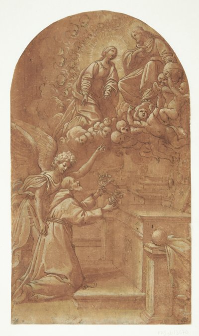 Un franciscano arrodillado (¿Francisco de Asís?), sostenido por un ángel, ofrece flores con ambas manos hacia el Cristo entronizado, que aparece llevado por ángeles y con María intercediendo a su lado de Leonello Spada
