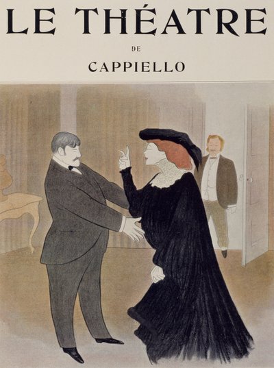 Actores Lucien Quitry y Jane Harding en escena de La Chatelaine, representada en el Teatro Renaissance en París, dibujo de Leonetto Cappiello, portada de la revista Theatre, abril de 1903 de Leonetto Cappiello