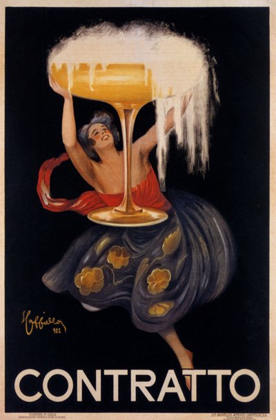 Cartel publicitario para el vino espumoso "Contratto": un pequeño hada, un elfo levantando una enorme copa. Ilustración de Leonetto Cappiello (1875-1942) 1922 de Leonetto Cappiello