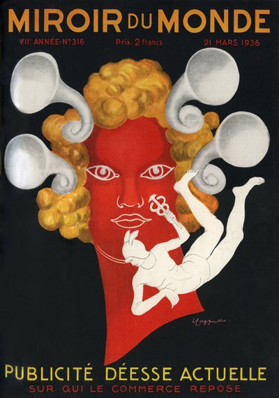 Alegoría de la Publicidad “Diosa Actual sobre la que descansa el comercio”, con Mercurio, dios de los viajeros y el comercio. Portada de la revista Mirror du monde n°316, 21 de marzo de Leonetto Cappiello