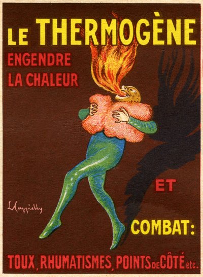 Etiqueta de una caja de guata revulsiva y resolutiva Le Thermogene, compresa destinada a aliviar la tos, resfriados, dolores y reumatismo - fórmula: algodón hidrofílico, coccina nueva, naranja amarilla S, extracto de capsicum. Producto farmacéutico fabrica de Leonetto Cappiello