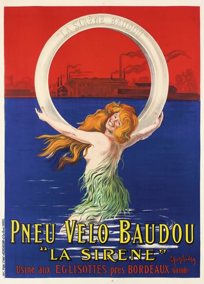 Póster publicitario de neumáticos de bicicleta "La Sirene" fabricados por Pneu Velo Baudou de Leonetto Cappiello