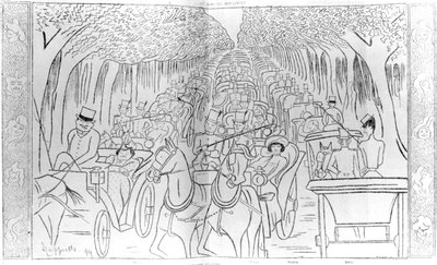Estrellas de teatro, music hall y ópera de la era Belle Époque, conduciendo en el Bois de Boulogne, Avenue des Acacias, París, caricatura humorística de la revista 