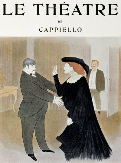 Los actores Lucien Guitry (1860-1925) y Jane Harding en una escena de La Chatelaine, representada en el Teatro Renaissance en París - portada de la revista Theatre, abril de 1903, París de Leonetto Cappiello