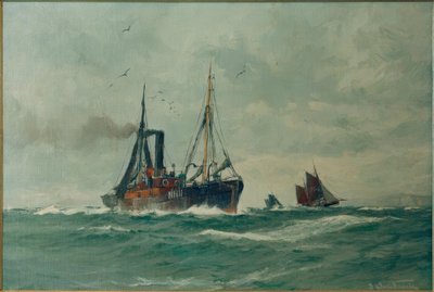 Barco pesquero y dos Finkenwerder Ewer de Leonhard Sandrock