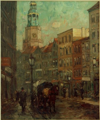 Calle con coche de caballos, torre de iglesia al fondo de Leonhard Sandrock