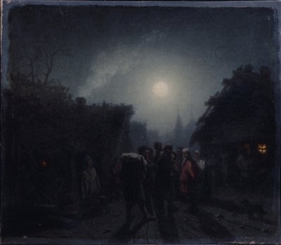Frente a una taberna. Escena nocturna, 1860s-1870s de Leonid Ivanovich Solomatkin