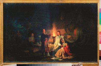 Comediantes descansando. (Los actores ensayan sus papeles al anochecer, alrededor de una antorcha, en el patio de una casa de campo. Cerca de ellos, una mesa con samovar y copas, así como equipo escénico bajo lonas). Pintura de Leonid de Leonid Ivanovich Solomatkin