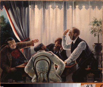 Juego de cartas (cuatro hombres reunidos alrededor de una mesa jugando a las cartas, dos de ellos gritando entre sí, los otros dos esperando). Pintura de Leonid Ivanovich Solomatkin (1837-1883), óleo sobre lienzo. Arte ruso de Leonid Ivanovich Solomatkin
