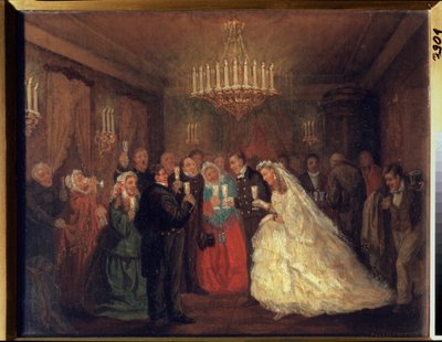 Matrimonio. (Los invitados a la boda chocan las copas alrededor de los recién casados). Pintura de Leonid Ivanovich Solomatkin (1837-1883), óleo sobre lienzo de Leonid Ivanovich Solomatkin