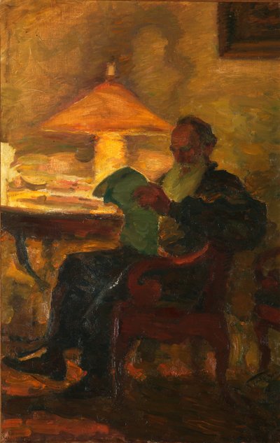 León Tolstói con un periódico, 1901 de Leonid Osipovic Pasternak