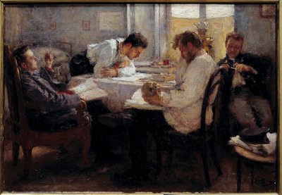 En la víspera del examen Los estudiantes repasan los exámenes. Pintura de Leonid Osipovich Pasternac (1862-1945) 1895 Sol. 0,39x0,55 m París, musee d