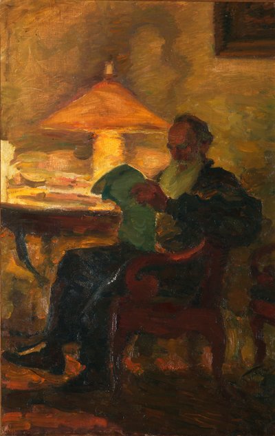 Leo Tolstoy con un periódico, 1901 de Leonid Osipovich Pasternak