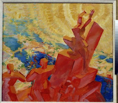 Al sol. Paisaje coloreado con una de las figuras sosteniendo el sol en sus manos. Pintura de Leonid Terentlevich Chupyatov (1890-1941). Óleo sobre lienzo de Leonid Terentlevich Chupyatov
