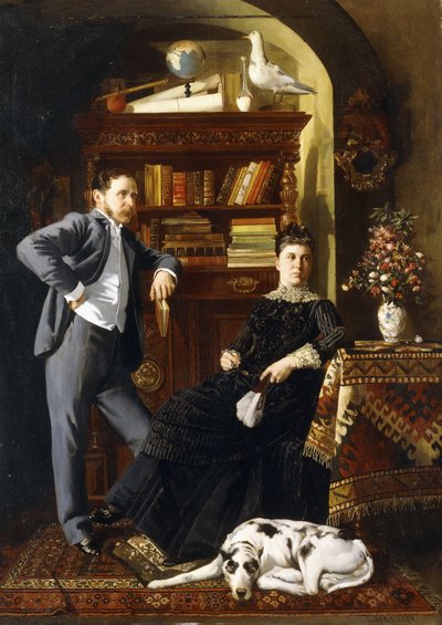 Una Pareja en un Interior con un Perro de Leopold Bara