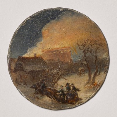 Casa en llamas y trineo tirado por caballos de Leopold Blonder