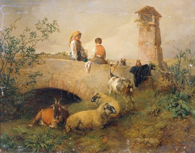 Niño y niña con ovejas y cabras de Leopold Brunner d. J.