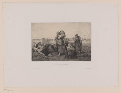 Agricultores en el campo al final de la jornada laboral. La fin de la journée (título sobre objeto) de Leopold Flameng