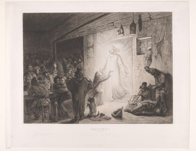 Cristo aparece en una posada, una joven se arrodilla ante él Sauvée (título sobre objeto) de Leopold Flameng