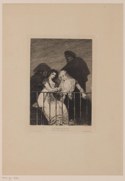 Dos mujeres con dos hombres en la sombra detrás de ellas. Les majas au balcon (título sobre objeto) de Leopold Flameng