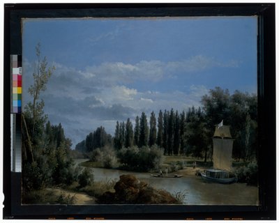 Vista desde el curso del brazo pequeño del Sena a través del parque de Neuilly (lienzo) de Leopold Leprince