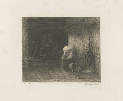 Interior con mujer junto a la chimenea de Leopold Lowenstam