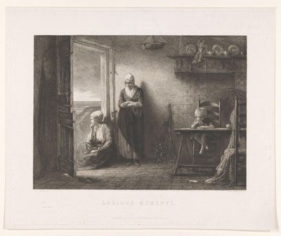 Dos mujeres y un niño en la casa de un pescador en las dunas Después de la tormenta Momentos ansiosos (título en el objeto) de Leopold Lowenstam