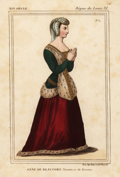 Ana Rogier de Beaufort, Vizcondesa de Turenne 1435-1479. Litografía coloreada a mano a partir de una vidriera de la iglesia de Cordelieres de Nantes en la carpeta VI 11 de Roger de Gaignieres de Le Bibliophile Jacob alias Paul Lacroix