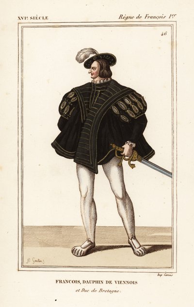 Francisco III, duque de Bretaña 1518-1536. Francisco, delfín vienés y duque de Bretaña. Litografía coloreada a mano por J.B. Gautier a partir de un retrato de la carpeta VIII 14 de Roger de Gaignieres de Le Bibliophile Jacob alias Costumes Historique de Pa de Leopold Massard