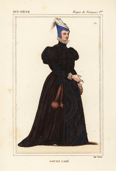 Louise Labe, La Belle Cordiere, poetisa francesa 1526-1566. Músico, ecuestre, arquero, esgrimista y lingüista. Litografía coloreada a mano según un retrato de la carpeta VIII 82 de Roger de Gaignieres de Le Bibliophile Jacob alias Paul Lacroix