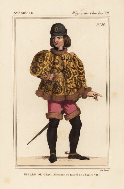 Pierre de Giac, chambelán del rey Carlos VII de 1377 a 1426. Ejecutado por ahogamiento en Dun-Le-Roi. Viste sotana corta con mangas mahoitres, pantalón rosa y botas con espuelas. Litografía coloreada a mano según una miniatura de un manuscrito Histoire du de Leopold Massard