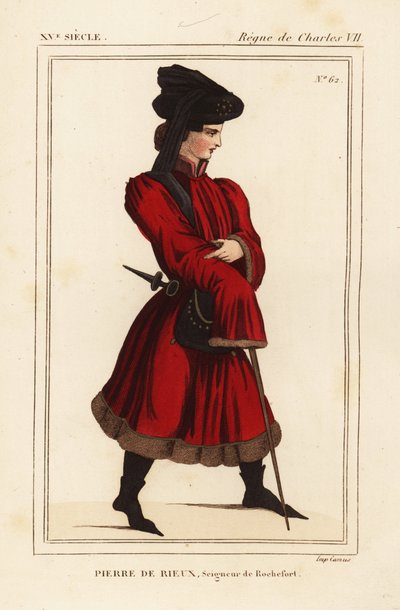 Pierre de Rieux, señor de Rochefort 1389-1439. Litografía coloreada a mano a partir de un retrato de la carpeta VI 136 de Roger de Gaignieres de Le Bibliophile Jacob alias Paul Lacroix