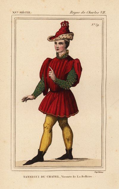 Tanneguy IV du Chatel, Vizconde de la Belliere, Gran Maestre de Hotel de Francisco II, Duque de Bretaña, m. 1477. Litografía coloreada a mano según una figura de un tapiz que representa a Ester y Mardoqueo en la carpeta VI 132 de Roger de Gaignieres de Le  de Leopold Massard