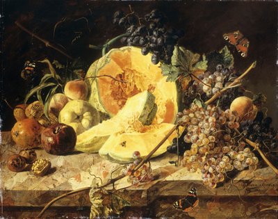 Una naturaleza muerta con frutas, nueces e insectos, 1835 de Leopold Zinnogger
