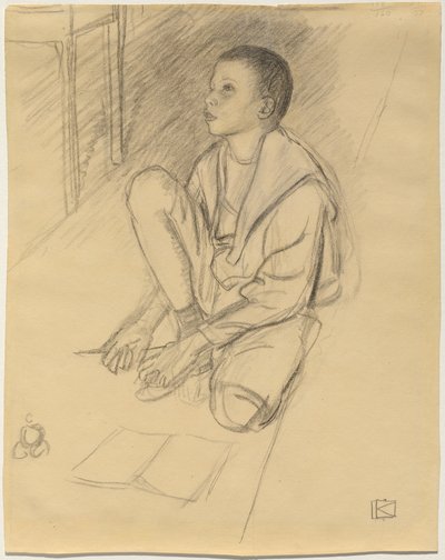 El hijo del artista, Wolf, agachado en el suelo de Leopold von Kalckreuth
