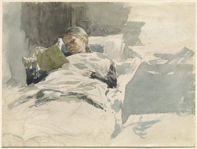 La esposa del artista leyendo en la cama de Leopold von Kalckreuth