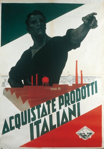 Acquistate Prodotti Italiani, cartel de propaganda fascista durante la autarquía de Leopoldo Metlicovitz