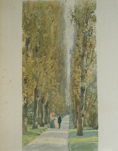 Giuseppe Verdi conversando con amigos a lo largo de la avenida arbolada en su villa en Sant