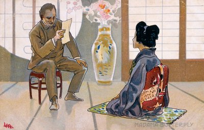 Postal creada para el estreno de "Madame Butterfly", en Brescia de Leopoldo Metlicovitz